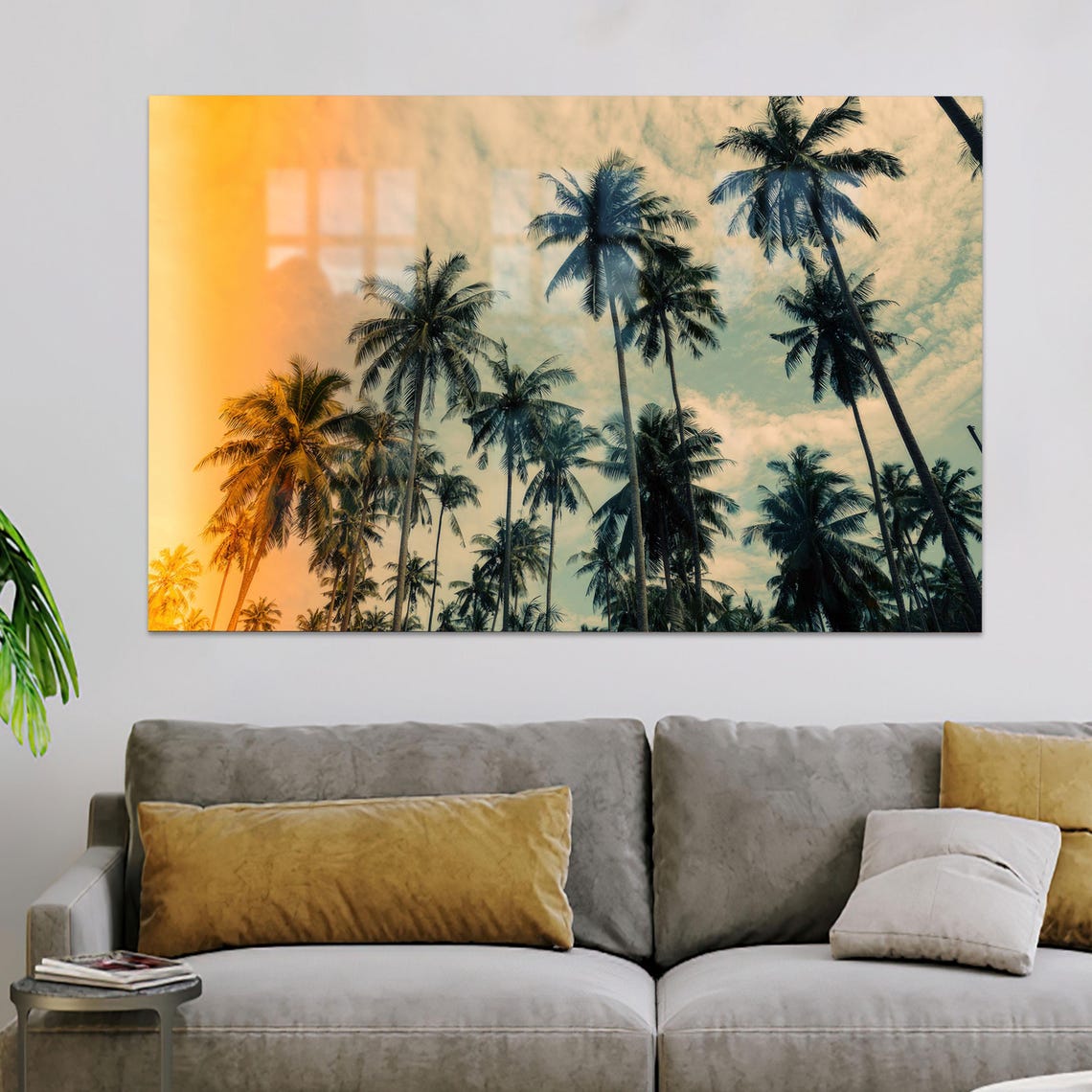 Tropical Palm Tree Silhouettes Against a Golden Sunset Sky Poster