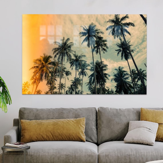Tropical Palm Tree Silhouettes Against a Golden Sunset Sky Poster