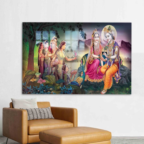 Wall Decoration Decor Glass Radha Krishna Painting Woman Printing Famous Tempered
