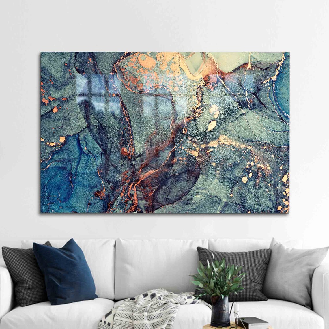 Glass Wall Art Mural, Green and Blue Marble Decor
