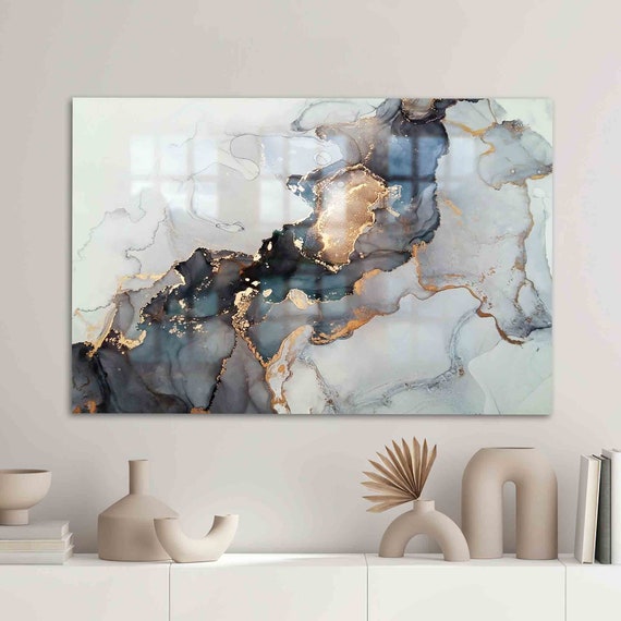 Wall Art Decoration Glass Black Gold Marble Decor Abstract Alcohol Ink Luxury