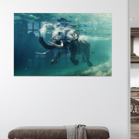 Elephant Swimming Underwater Surreal Ocean Wildlife Glass Print