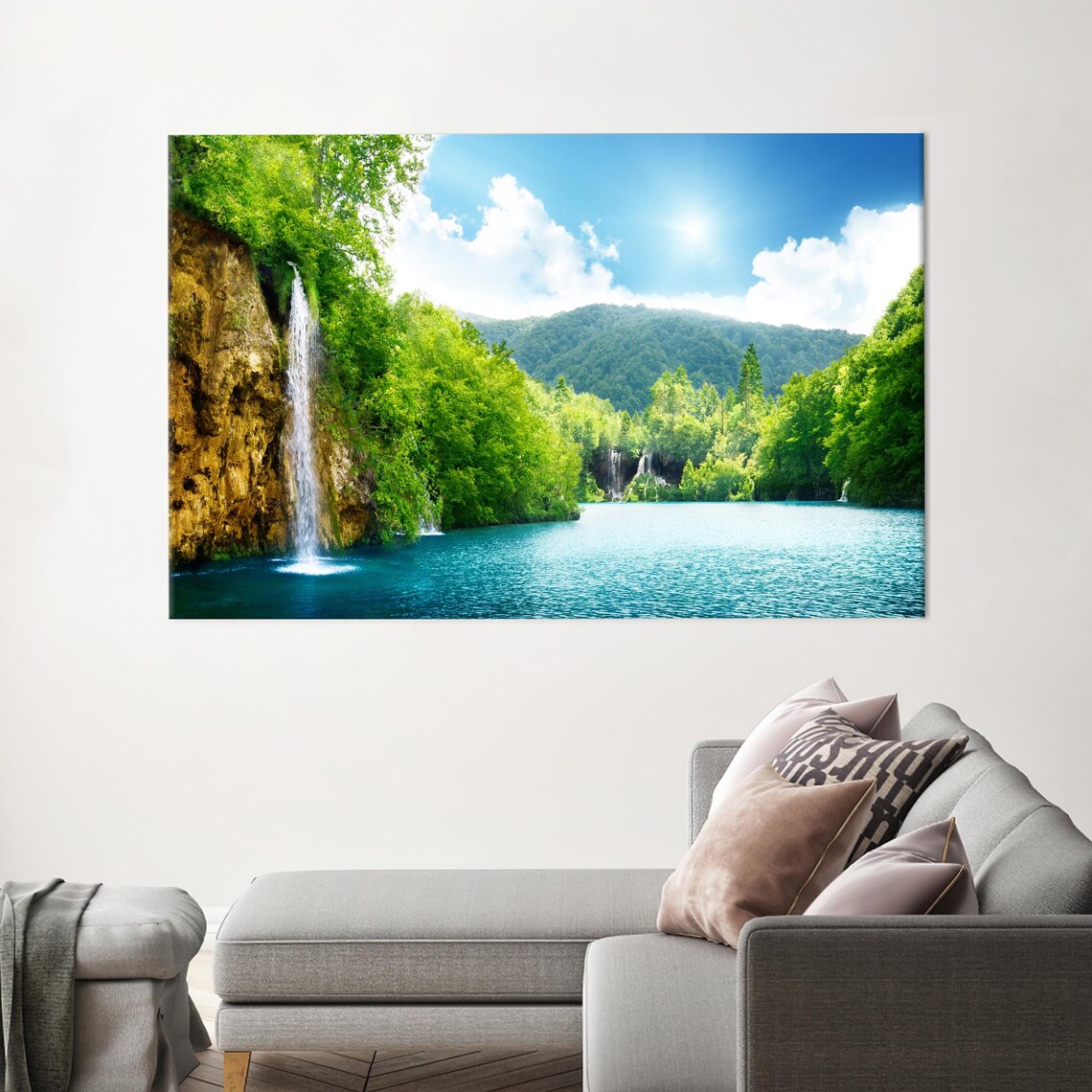 Turquoise Lake Waterfall Landscape Canvas Print for Nature Lovers
