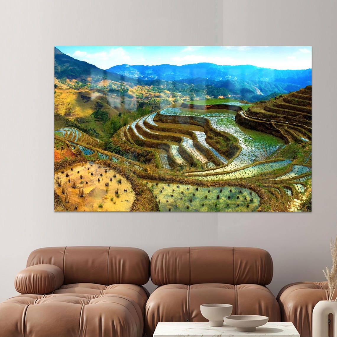 Terraced Rice Fields Mountain Valley Green Landscape Photo Poster