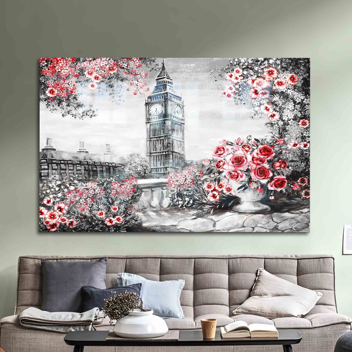 Big Ben London Pink Roses Floral Clock Tower Romantic Wall Art