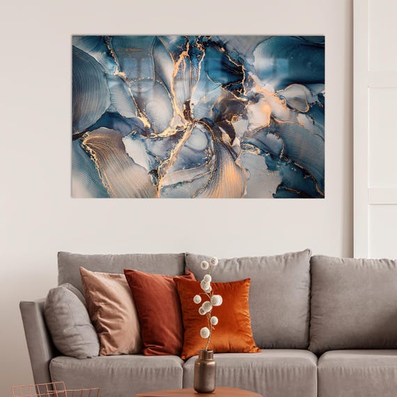 Modern Glass Wall Art Blue And Orange Painting Decoration Tones Tempered Grandma Gift Personalized