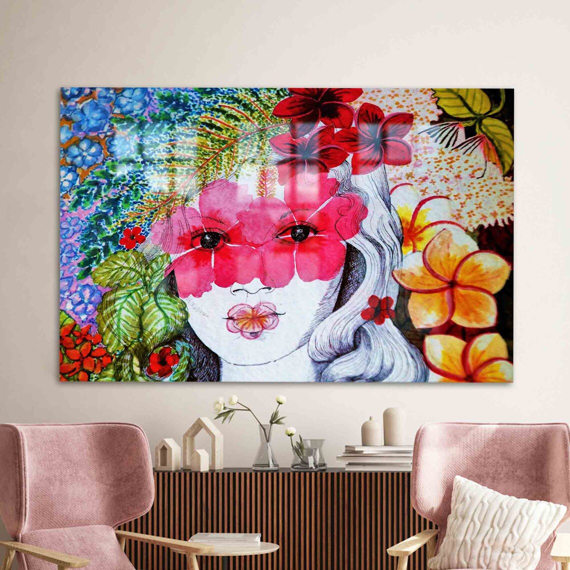 Flowers And Woman Abstract Portrait Wall Art Print