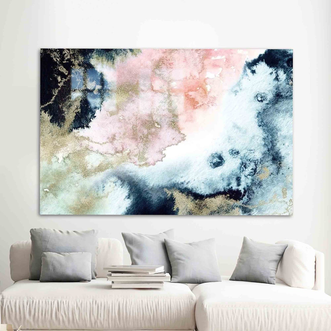 Blush Pink Blue Marble Gold Veins Modern Abstract Glass Wall Art