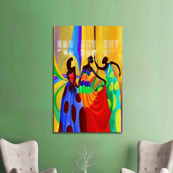 African Women Dancers Wall Art Colorful Abstract Decor Tempered Glass 3d Personalized Gift Home