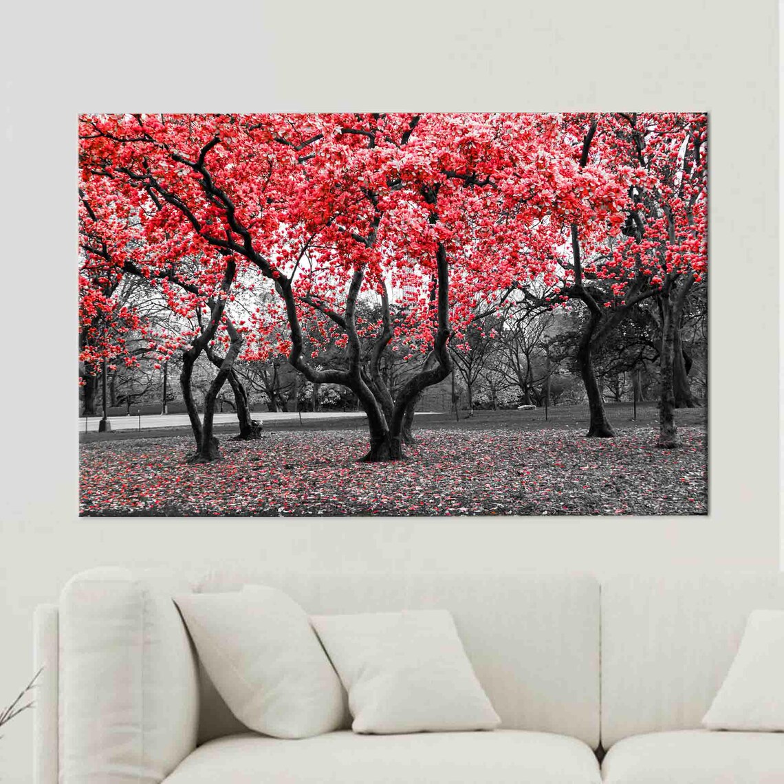 Red Blooming Trees Selective Color Black White Spring Photography Print