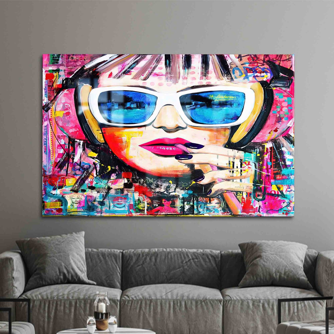 Pop Art Girl Sunglasses Headphones Colorful Graffiti Portrait Poster