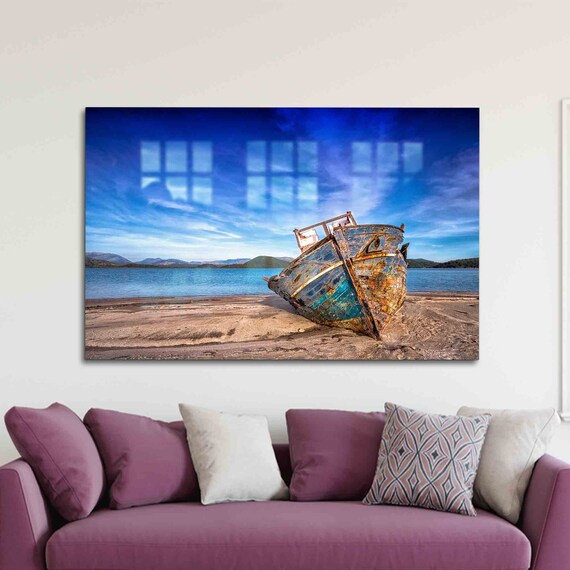 Rustic Old Boat Wreck on Golden Sandy Beach Bright Ocean Wall Art