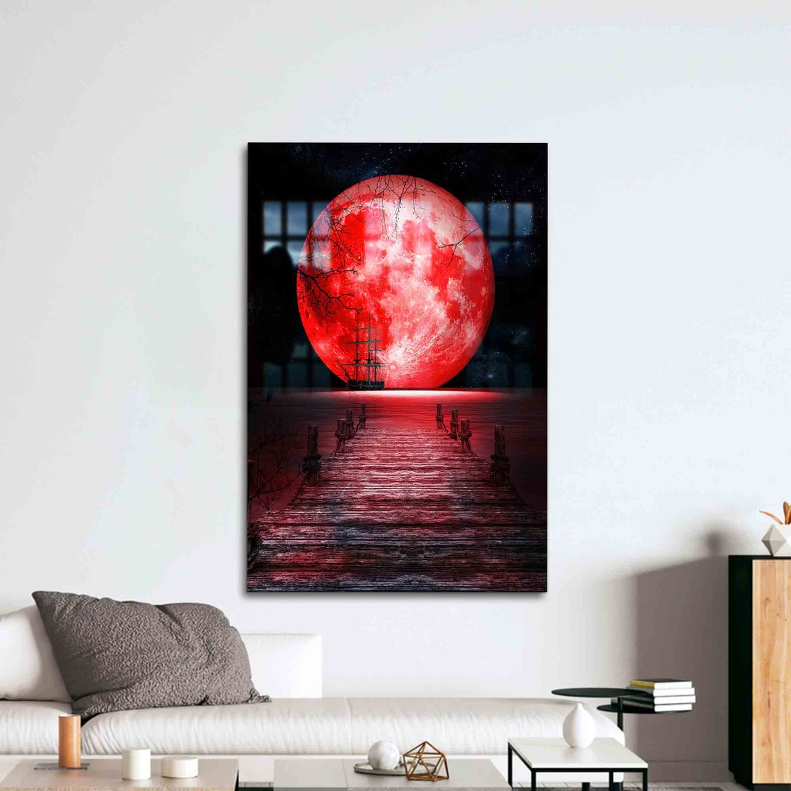 Wall Art Glass Decor Sea Landscape With Huge Red Moon Night