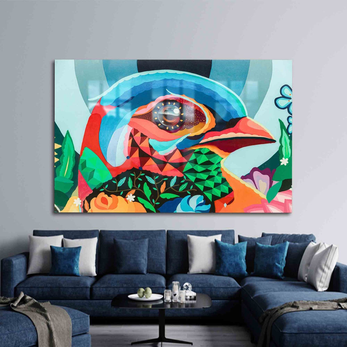 Stylized Geometric Bird Pop Art Painting Colorful Bird Wall Poster