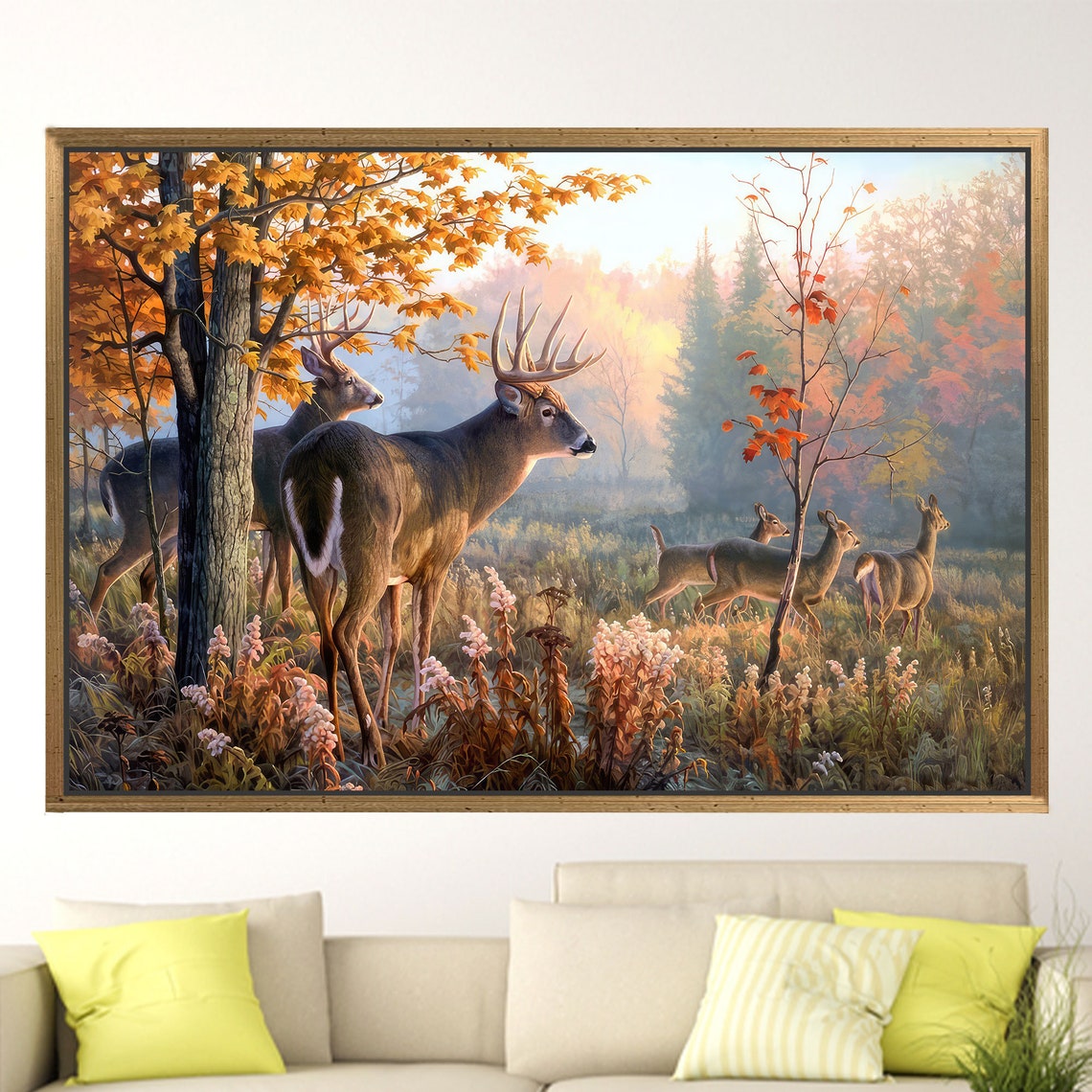 White Tailed Deer Herd in Autumn Forest Realistic Wildlife Art Poster