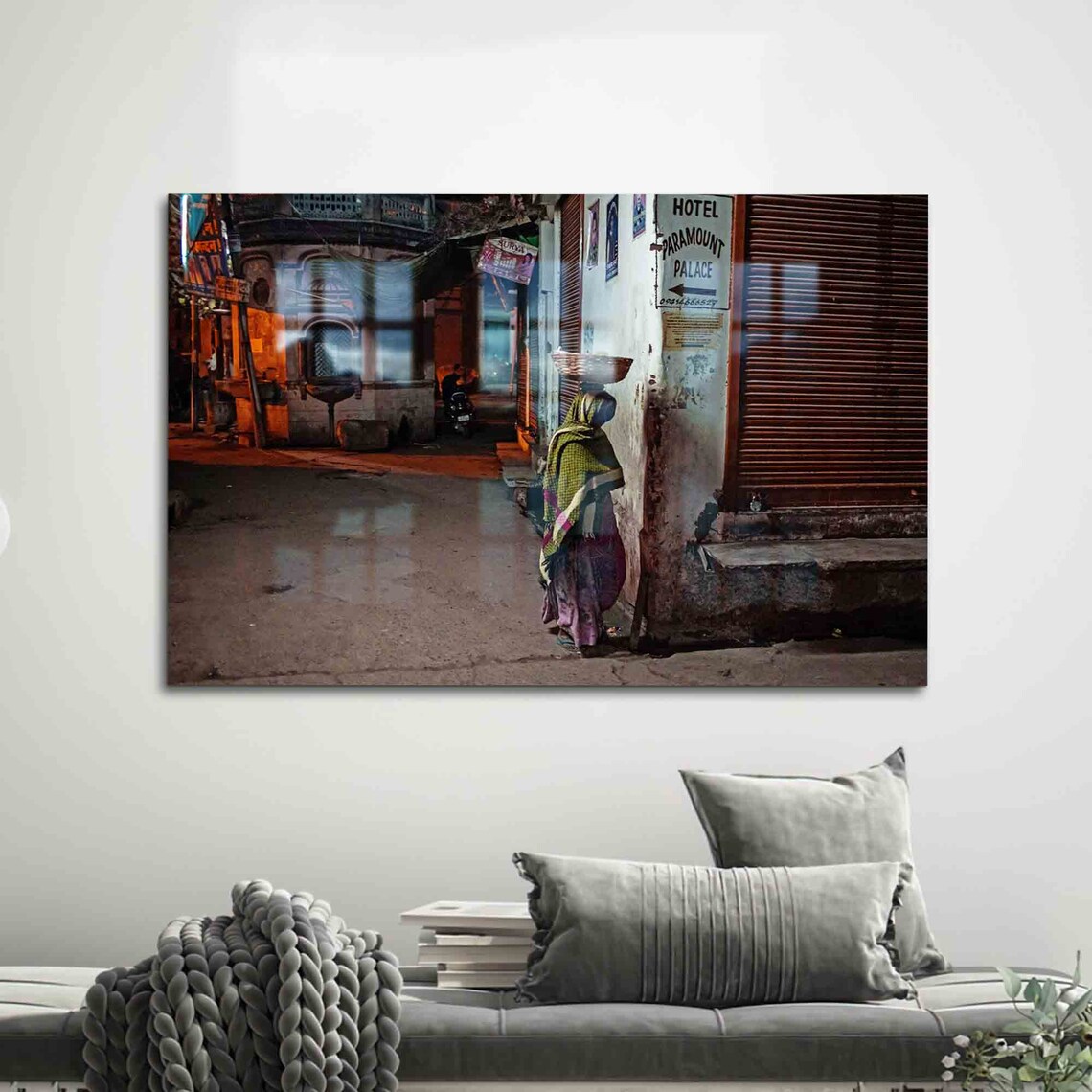 India Night Street Woman Sari Old Town Photography Travel Poster