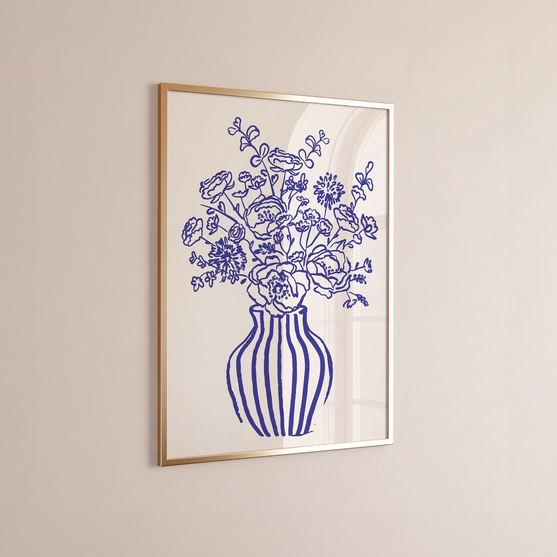Blue Floral Bouquet Striped Vase Line Art On Cream Wall Poster - Image 3