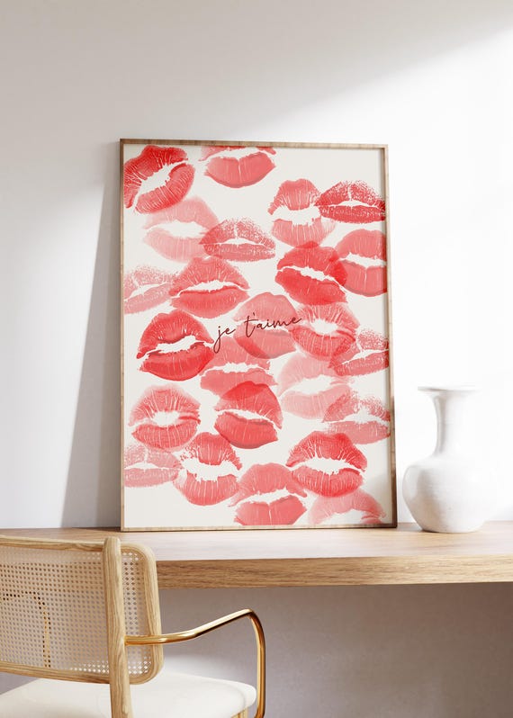 Kisses Art Coquette Room Decor Je Taime Poster Clean Girl Aesthetic Red Lipstick Wall Art Trendy Wall Art For Bedroom Decor