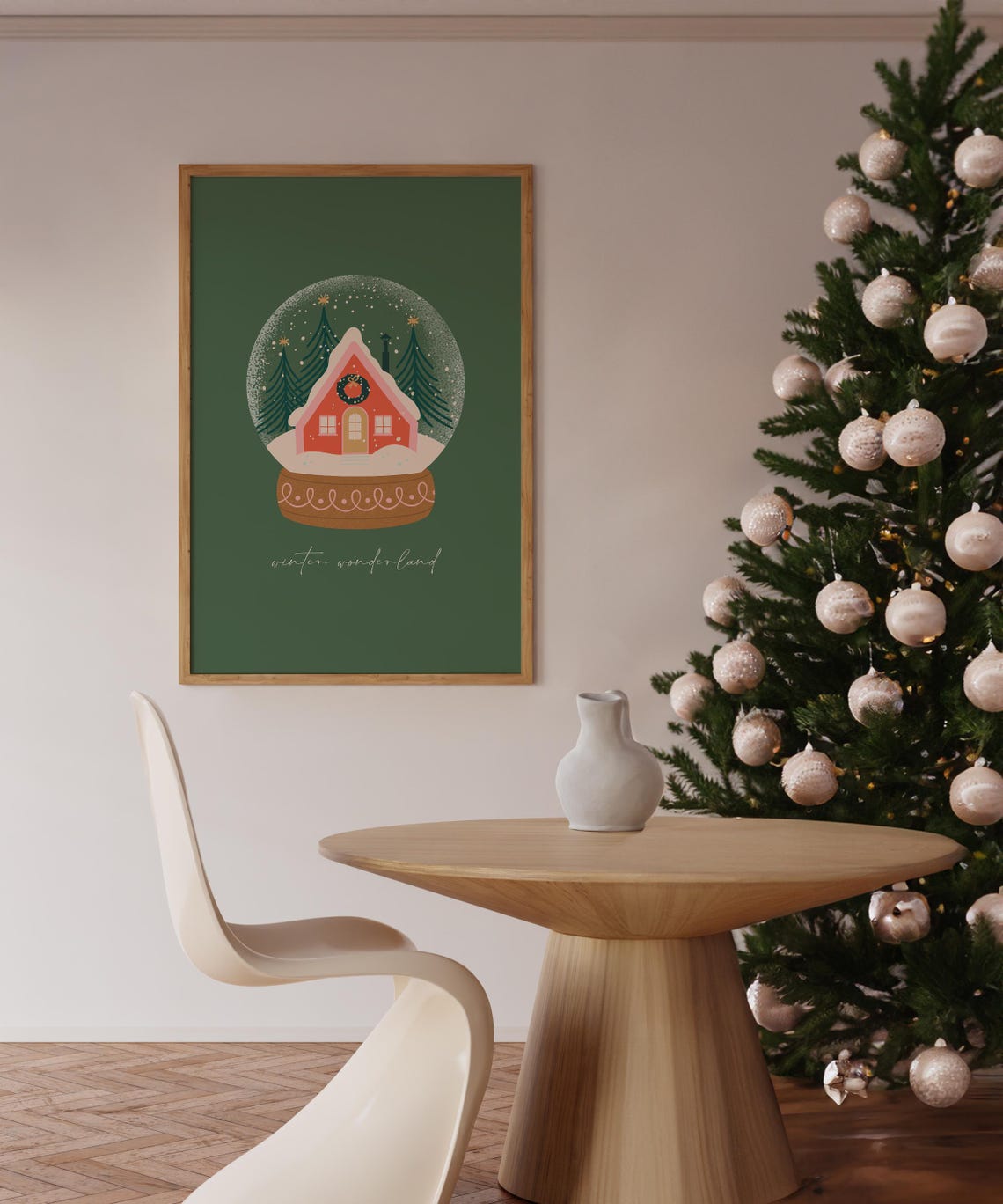 Winter Wonderland Snow Globe Red Cabin Green Christmas Poster - Image 3