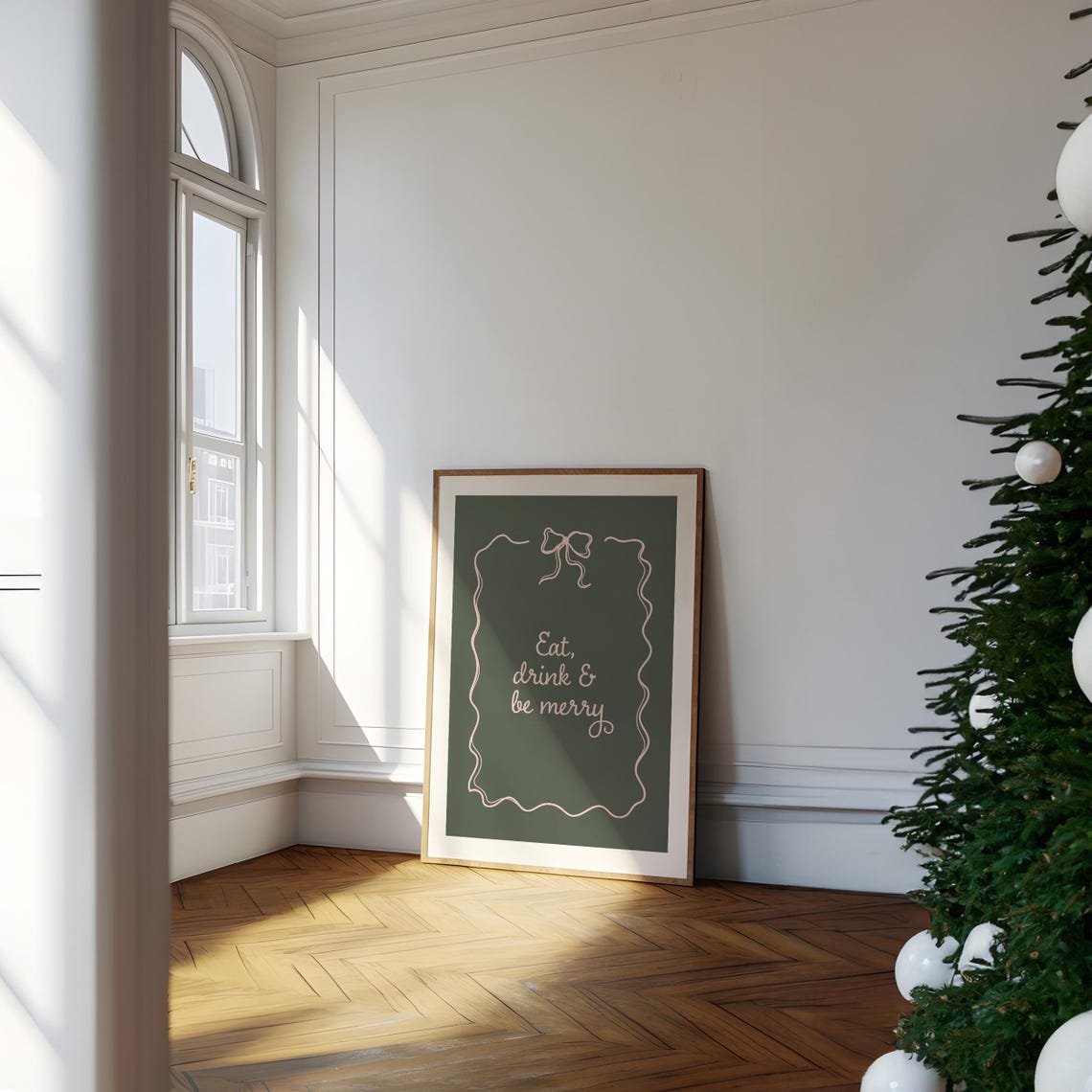 Eat Drink Be Merry Blush Script Bow Dark Green Christmas Wall Art - Image 5