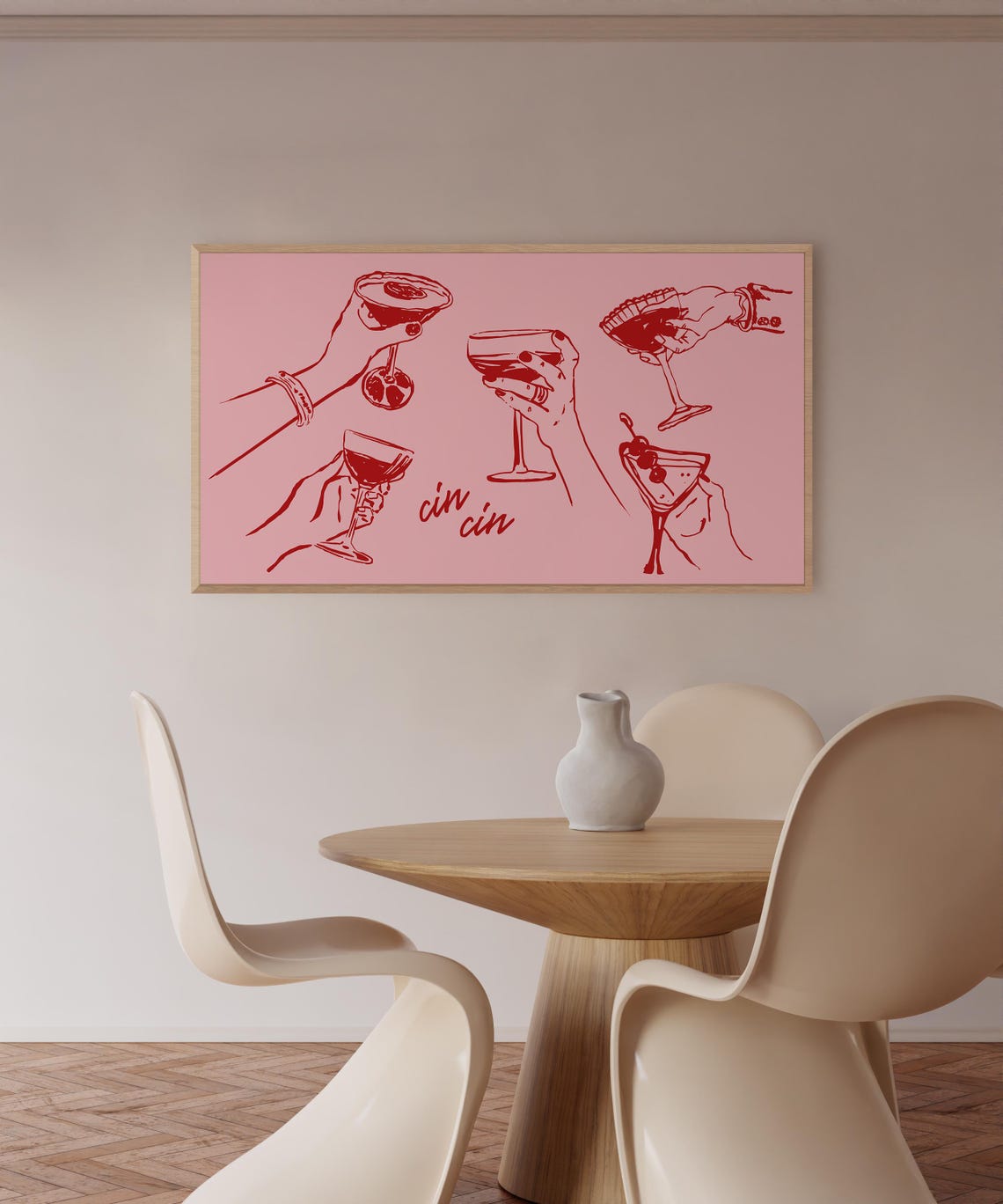 Cin Cin Cheers Pink Cocktail Toast Line Art Bar Cart Party Poster - Image 2