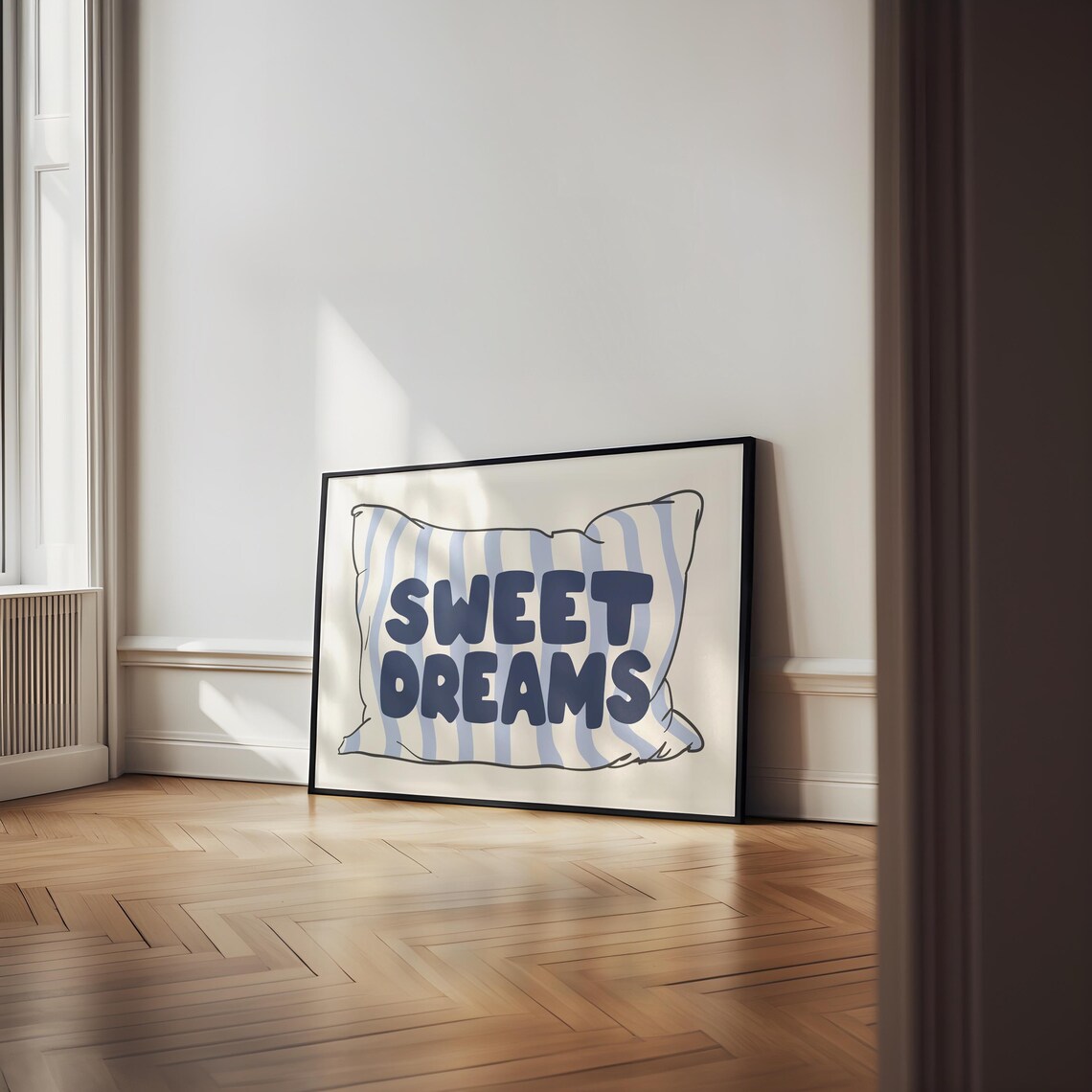 Sweet Dreams Blue Striped Pillow Cozy Kids Bedroom Quote Poster - Image 2