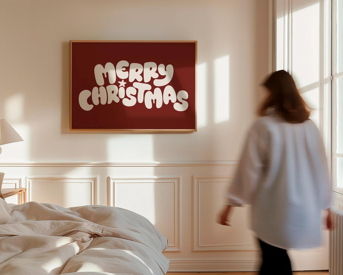 Retro Merry Christmas Bubble Letter Dark Red Holiday Wall Poster - Image 3