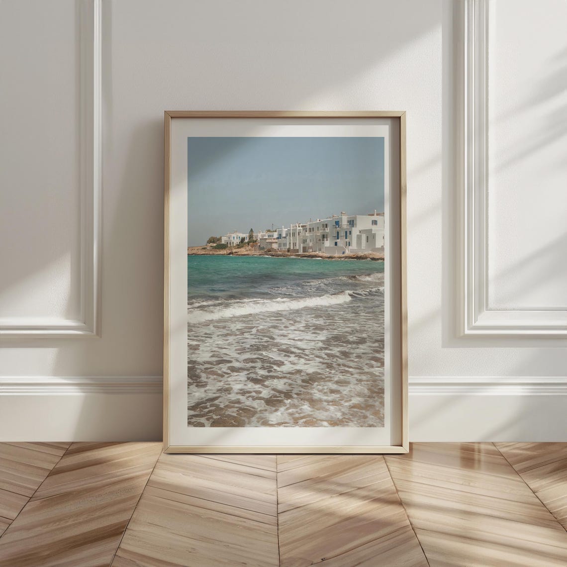 Greek Coastal Town White Buildings Blue Shutters Waves Poster - Image 6