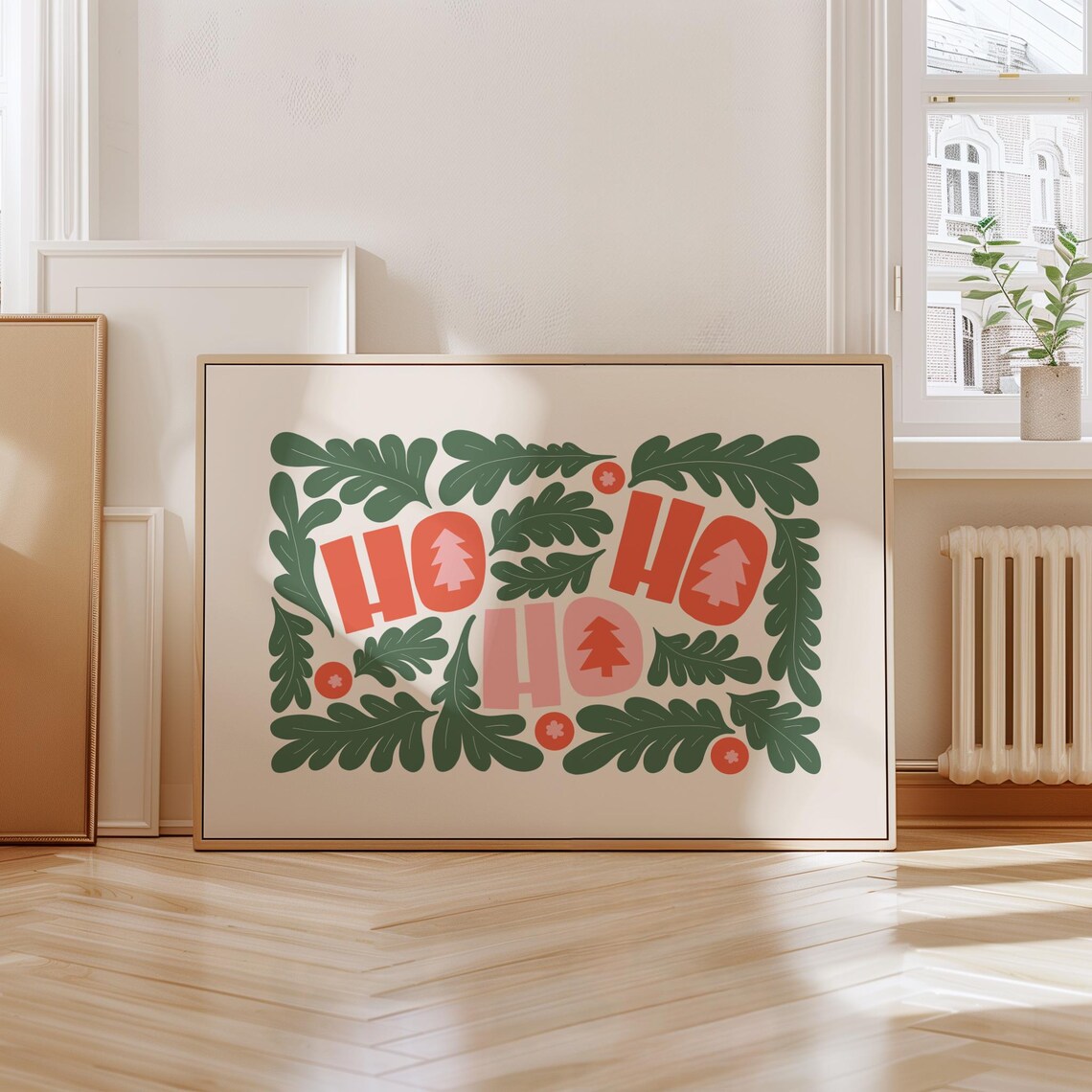 Ho Ho Ho Christmas Letter Art Green Leaves Red Retro Holiday Poster - Image 4