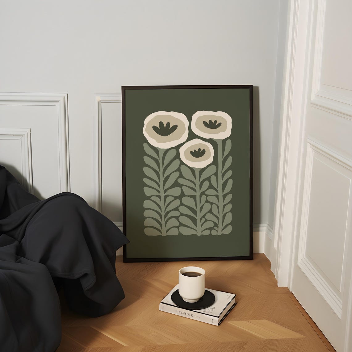 Forest Green Background Cream Flowers Modern Botanical Art Poster - Image 4
