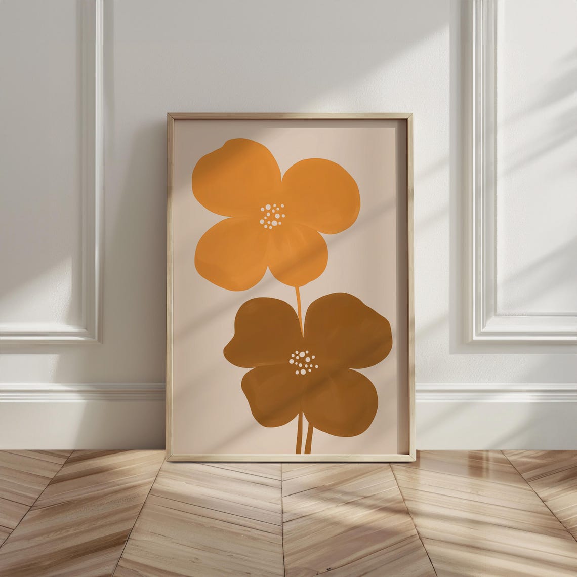 Retro Mustard Flower Pair Mid Century Modern Abstract Wall Art - Image 6