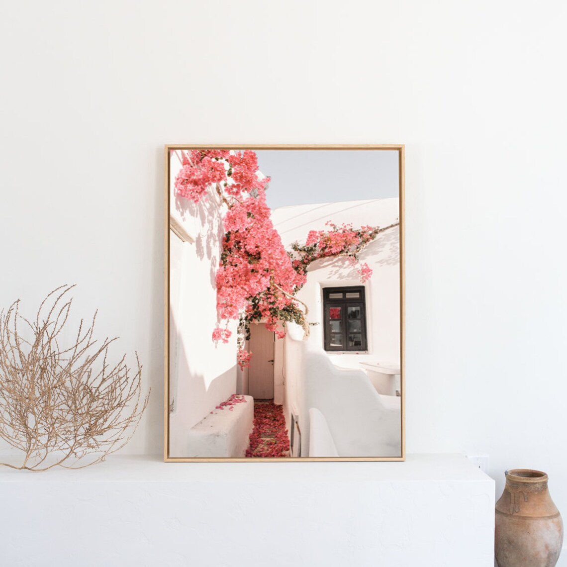 Santorini White Alley Covered in Pink Bougainvillea Flowers Poster - Image 3