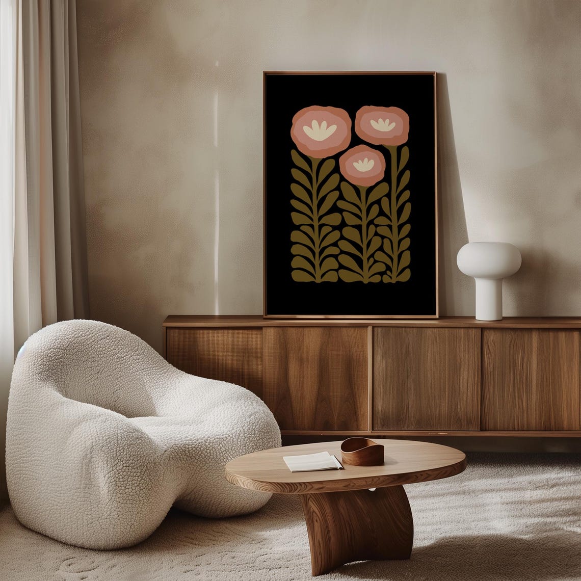 Moody Black Three Pink Flower Stems Abstract Botanical Poster - Image 4