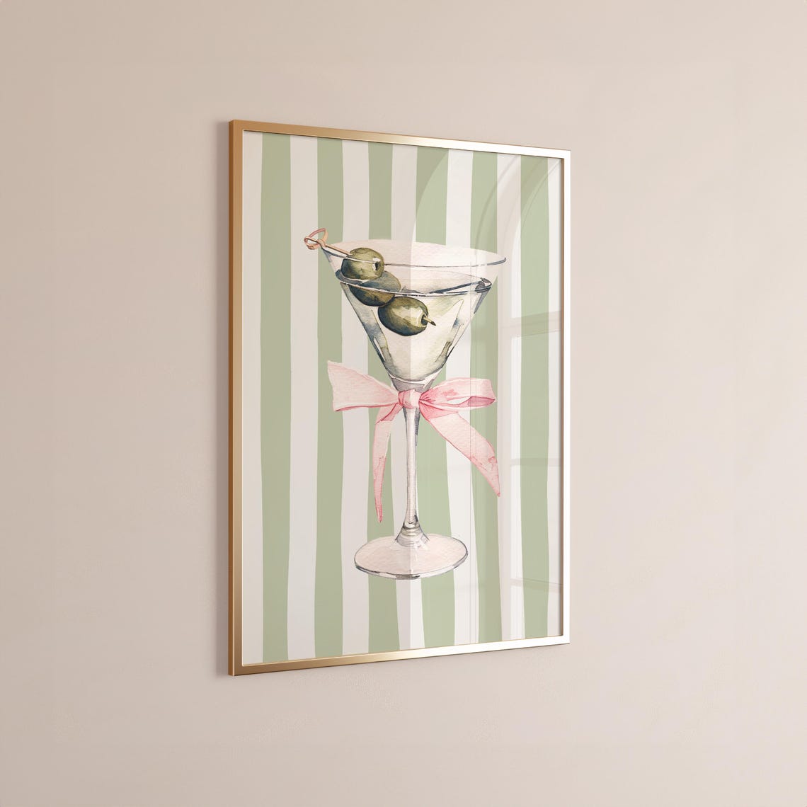Martini Glass Olive Pink Bow on Green Stripes Bar Art Poster - Image 2