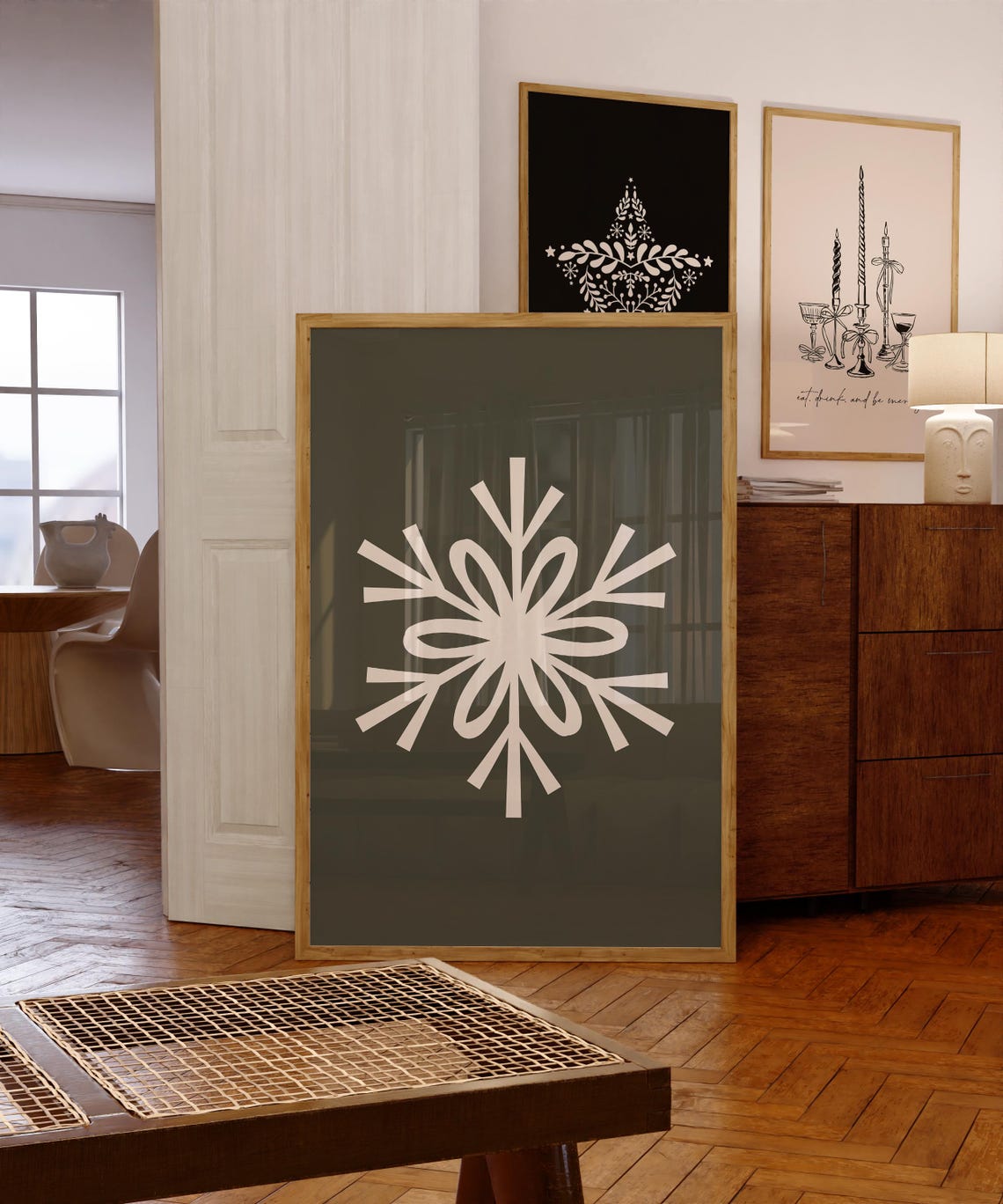 Minimalist White Snowflake on Olive Green Modern Christmas Poster