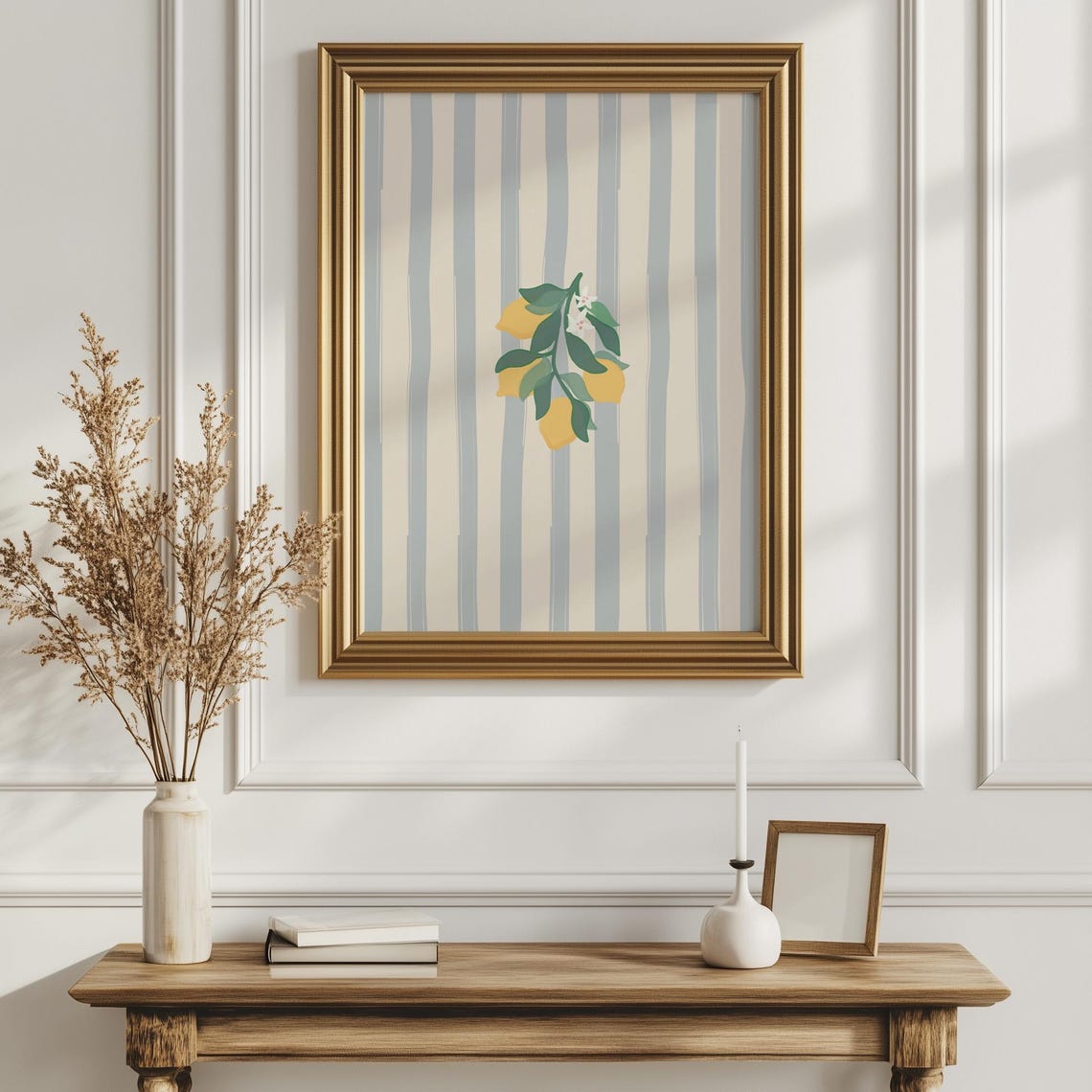 Striped Lemon Print Kitchen Wall Art Grandmillennial Decor Lemon Poster Striped Kitchen Decor Watercolor Fruit Print Cream Blue Decor - Image 2