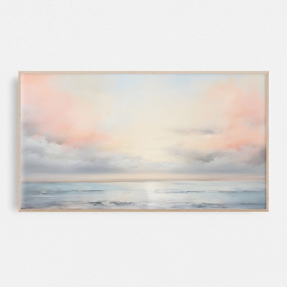 Pastel Pink Sky Over Calm Ocean Watercolor Sunset Seascape Poster