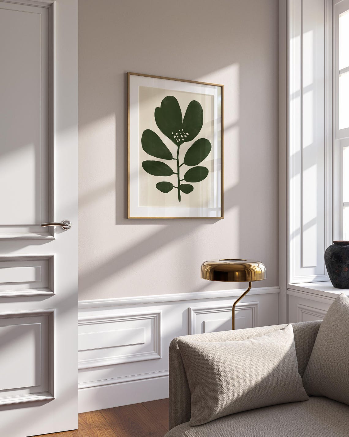 Dark Green Leaf Stem Cream Background Minimalist Botanical Art Poster - Image 5