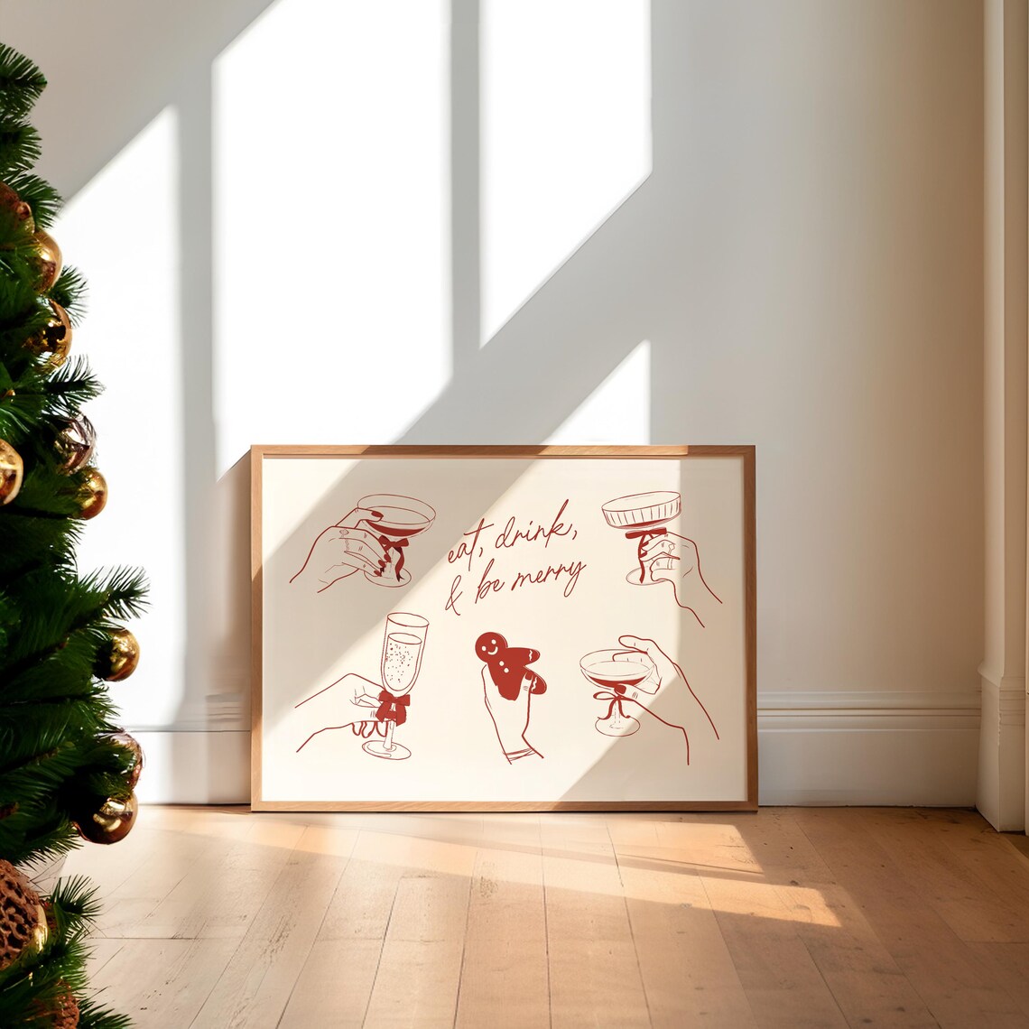 Eat Drink and Be Merry Christmas Cocktail Cheers Red Line Art Poster - Image 5