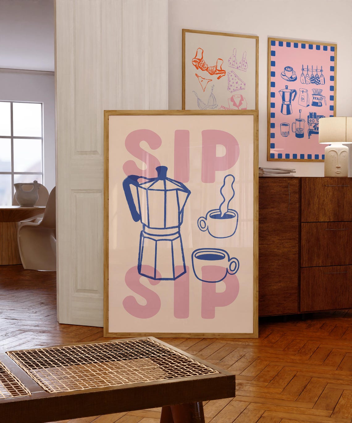 Sip Sip Moka Pot Espresso Cups Pink Blue Bold Kitchen Poster - Image 2