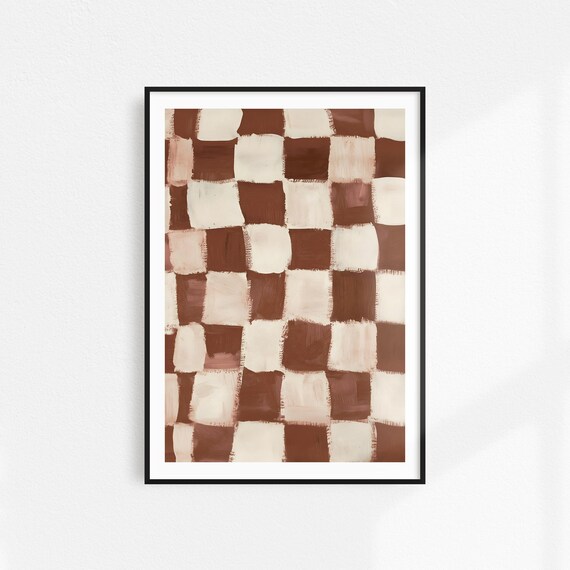 Brown Checkered Retro Wall Art, Minimalist Poster