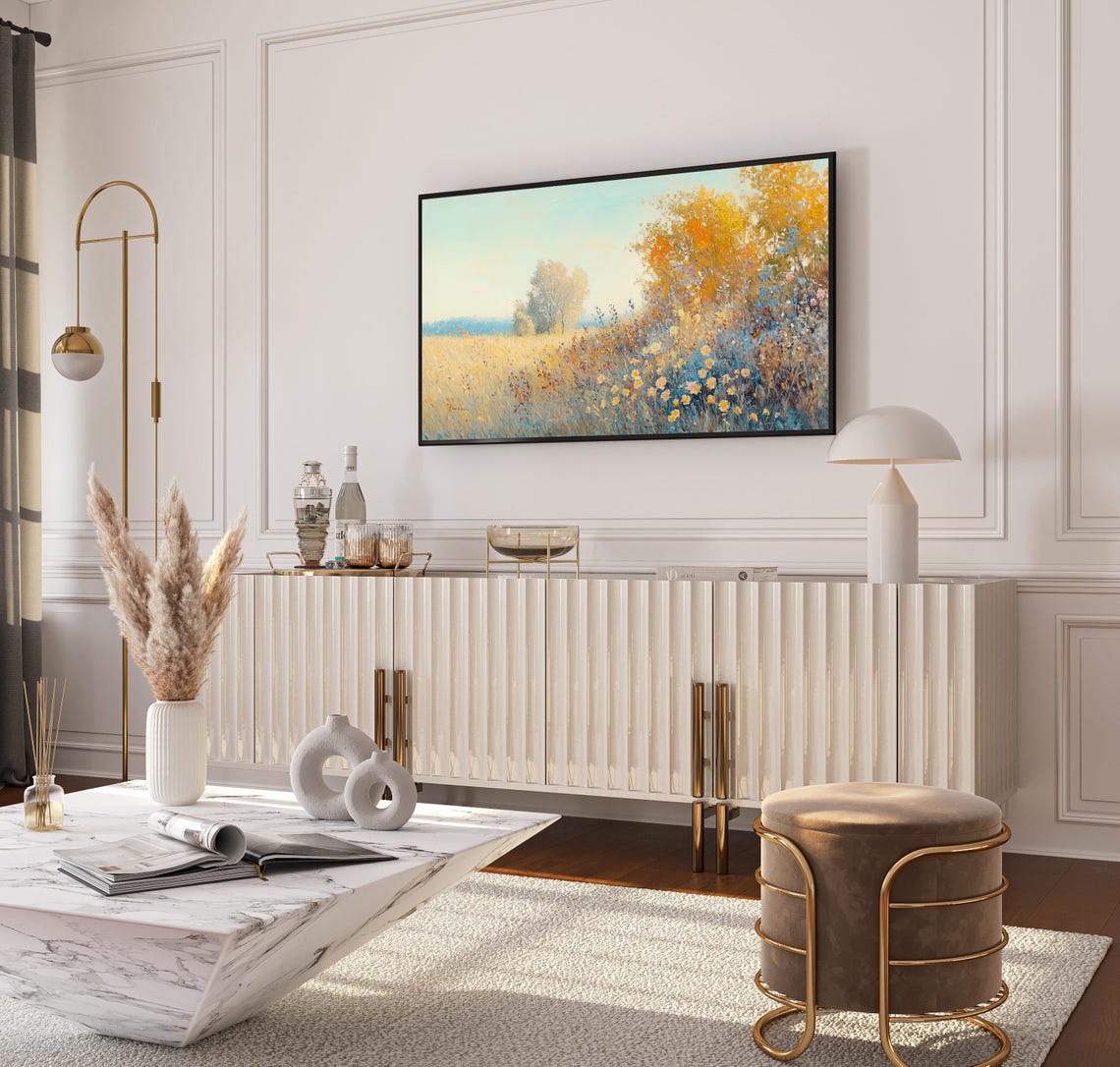 Bright Impressionist Wildflower Meadow Golden Blue Painting Poster - Image 2