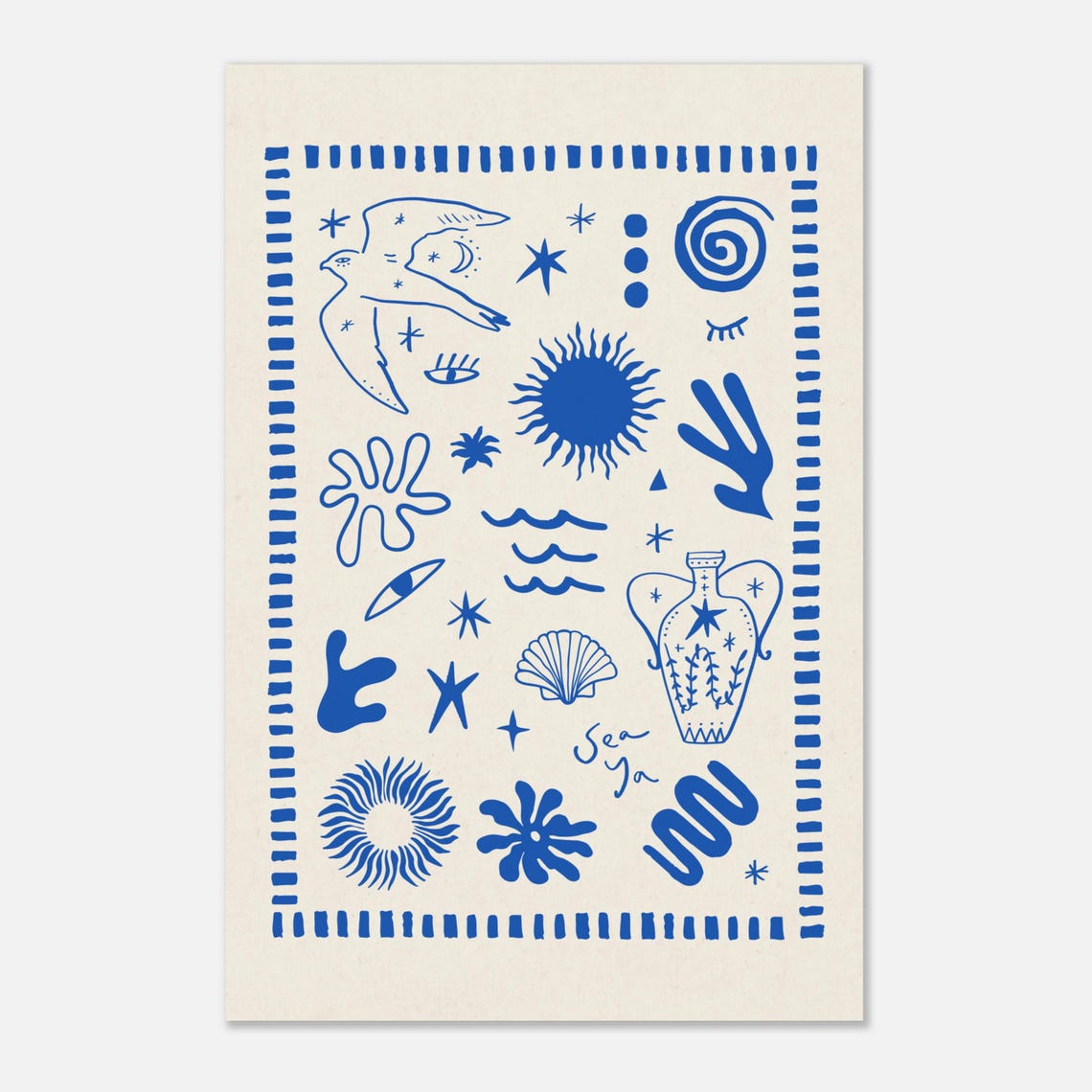 Blue Mediterranean Doodle Sun Waves Greek Vase Summer Art Poster - Image 2
