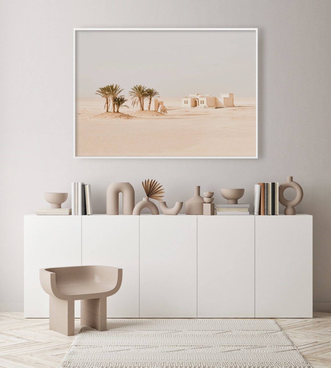 Moroccan Desert Palm Trees and White Riad in Beige Tones Poster - Image 2