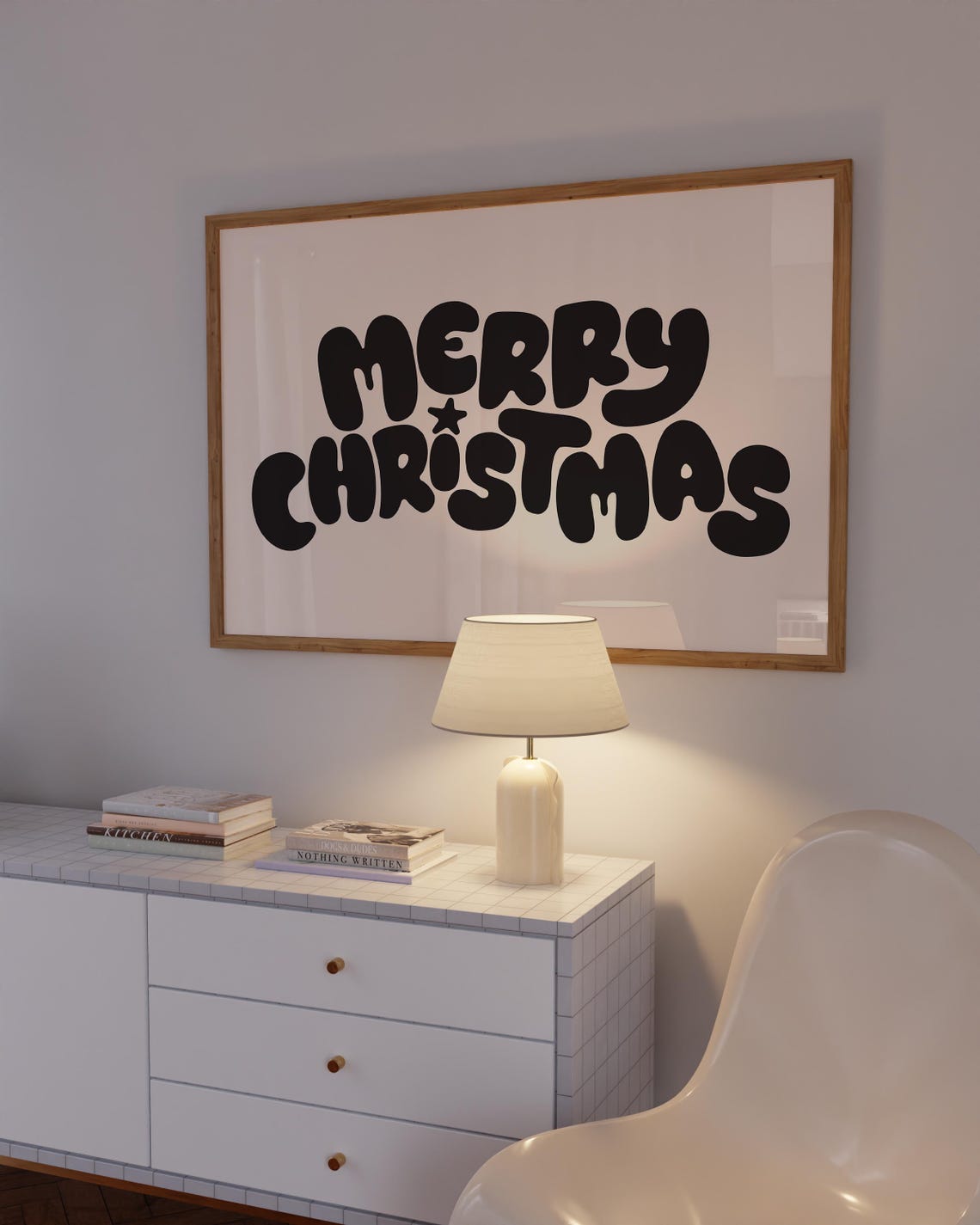 Merry Christmas Charcoal Bubble Letters Cream Holiday Art Poster - Image 4