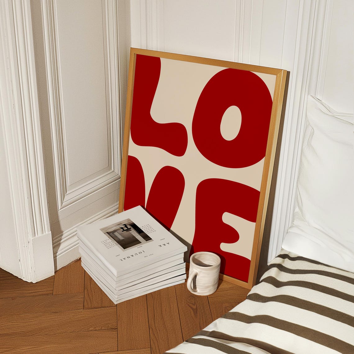 Retro Red LOVE Typography Bold 70s Maximalist Cream Room Wall Art - Image 2