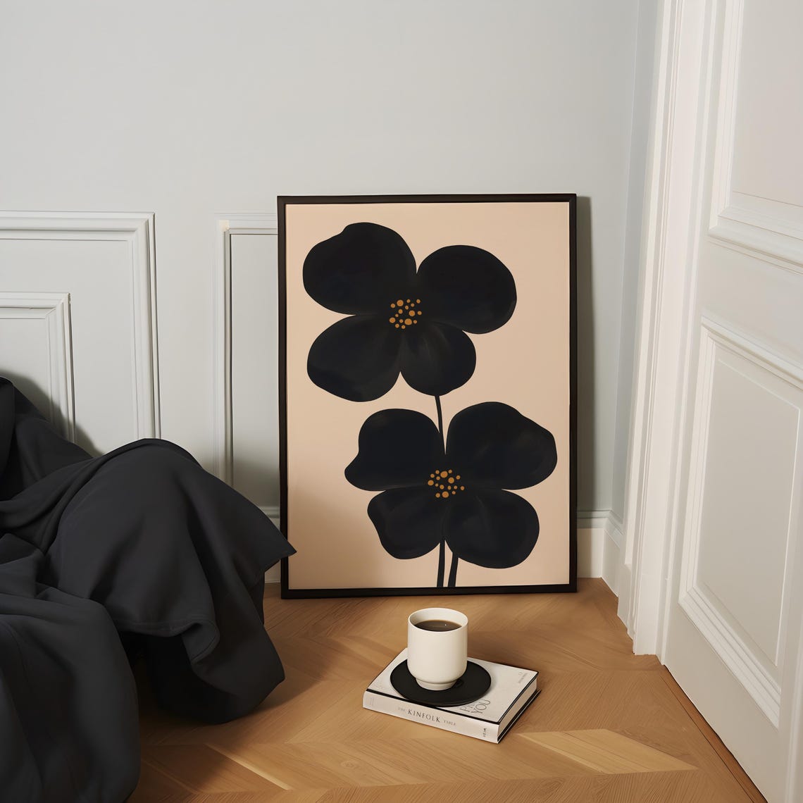 Black And Beige Retro Flower Abstract Botanical Japandi Wall Art - Image 4