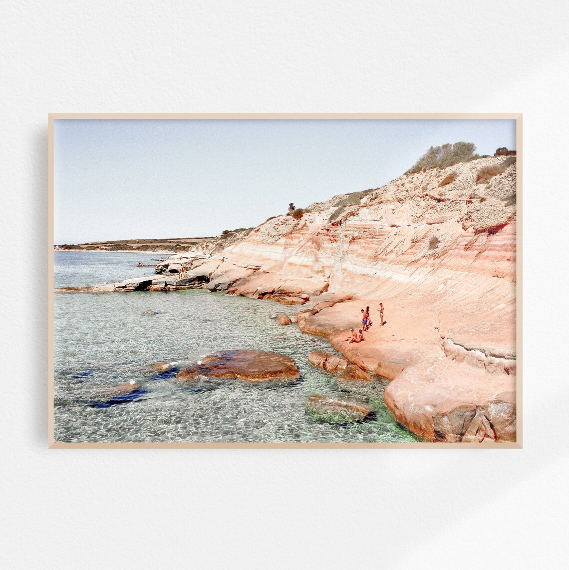 Sardinia Pink Rocky Cove With Swimmers in Clear Water Travel Poster