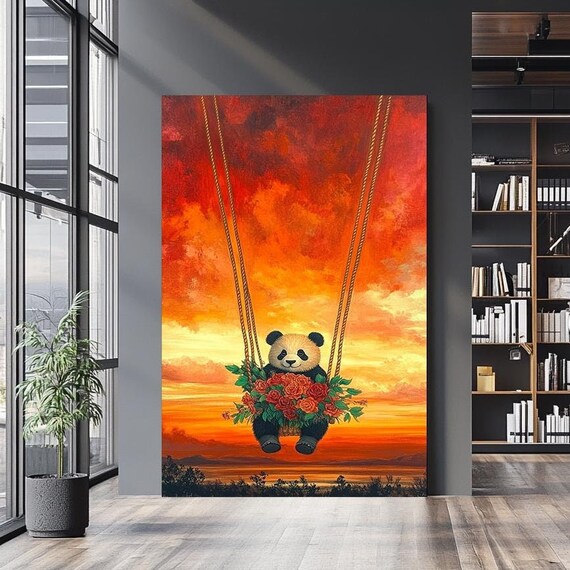 Adorable Panda Swinging At Sunset With Rose Bouquet Nursery Wall Art
