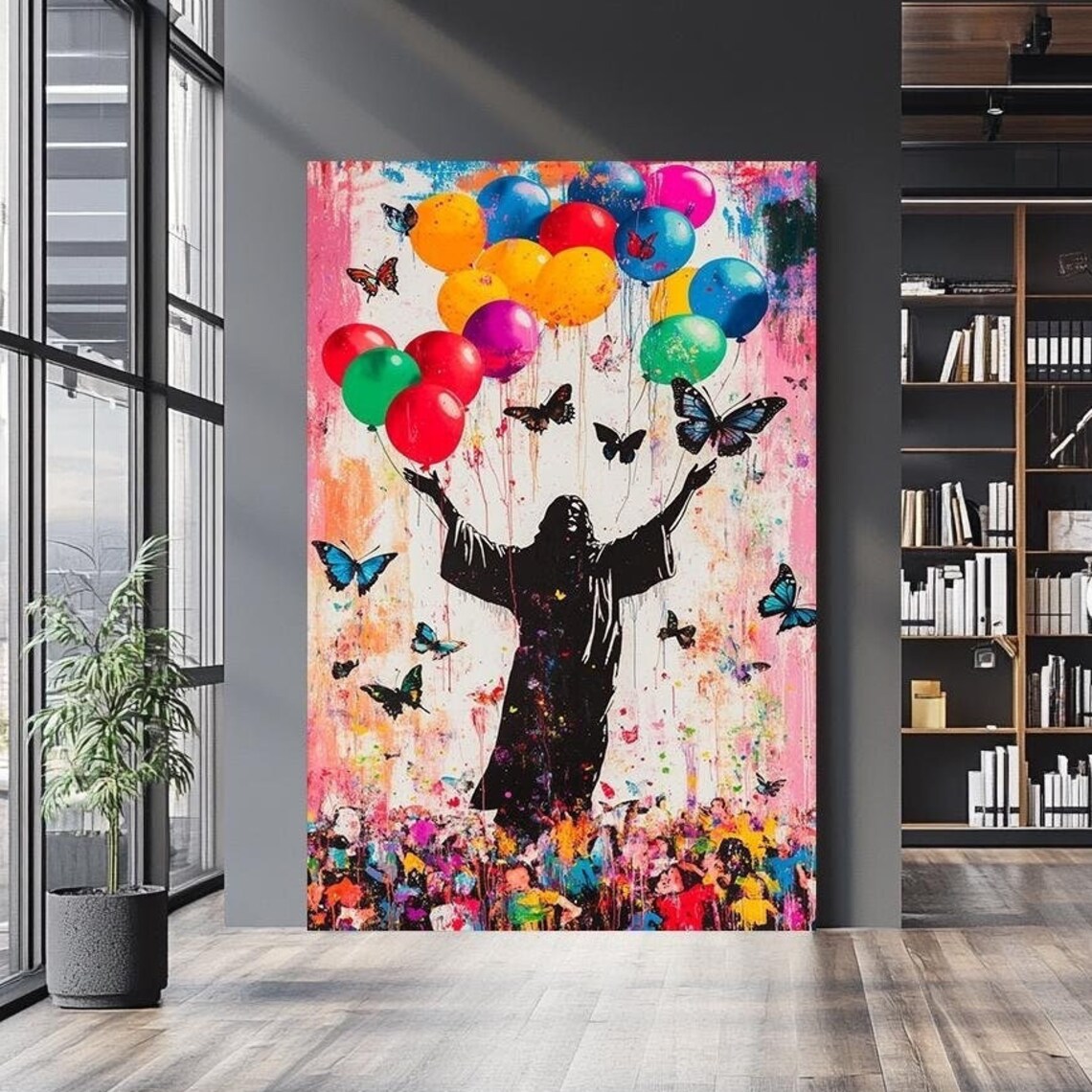 Jesus Arms Raised Balloon Celebration Butterfly Crowd Graffiti Art Poster